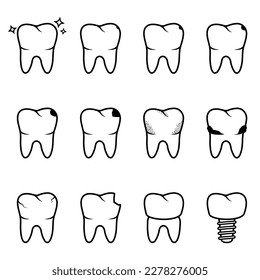 Set of healthy and bad teeth. Dental problems and tooth diseases. Line vector illustration.