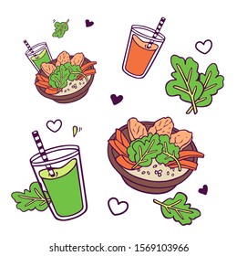 set with healthy bowls, juices and green smoothie. Hand-drawn in cartoon style, colored artwork isolated on white background,  in vector.  Stock image.