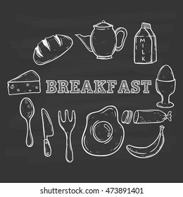 set of healthy breakfast food using hand drawing or doodle art on chalkboard background