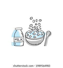 set of healthy breakfast illustration. fresh milk bottle with cereal in the bowl with spoon icon. hand drawn vector. doodle art for logo, branding, cover, poster, banner, advertising, sticker. 