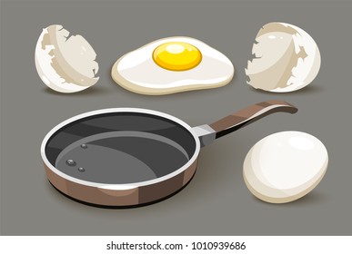 Set for healthy breakfast pan with oil frying chicken roasted eggs yolk and broken shells, isolated white background. Vector illustration.