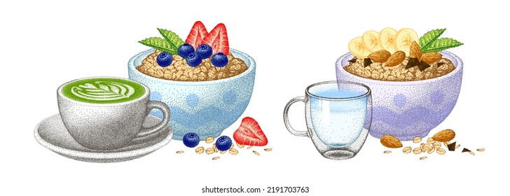 Set of healthy breakfasts, berry and fruits. Oatmeal porridge. Matcha latte and milk or yogurt. Granola bowl. Muesli flakes, oat grain. Vector sketch.