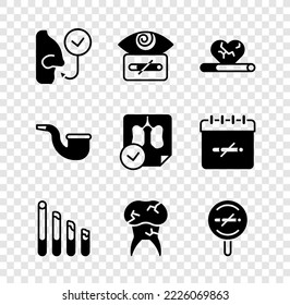 Set Healthy breathing, Hypnosis, Heart disease with smoking, Smoking cigarette, Tooth caries, No, pipe and Lungs x-ray diagnostics icon. Vector