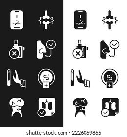 Respiración sana, sin cigarrillos electrónicos, fumar, dolor articular, dolor de rodilla, Rendirse, Dejar de ahorrar dinero, Diagnóstico de rayos X de pulmones y Icono de Diente con caries. Vector