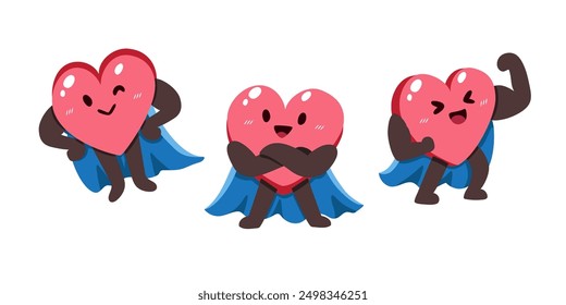 Conjunto de personaje de corazón de dibujos animados saludables con capa de superhéroe para el diseño.