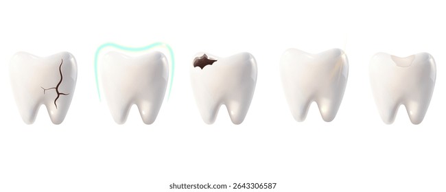 A set of healthy and damaged teeth. A tooth with a crack, filling, caries, and protection. Dentistry, dental care, orthodontics, oral health concept. 3D vector illustration on a white background.