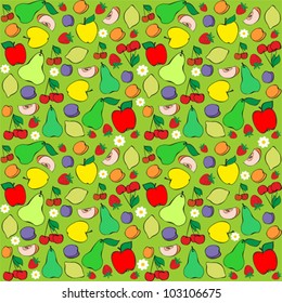 Set of Healthy Diet Fruits (Apple, Apricot, Cherry, Lemon, Peach, Pear, Plum, Strawberry) on Green Background