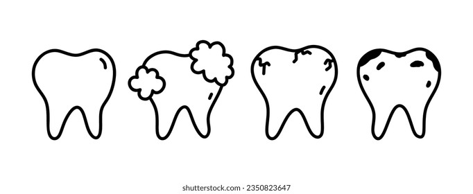 Set of healthy and diseased teeth isolated on white background. Dental care, oral hygiene. Vector hand-drawn illustration in doodle style. Perfect for logo, various designs.