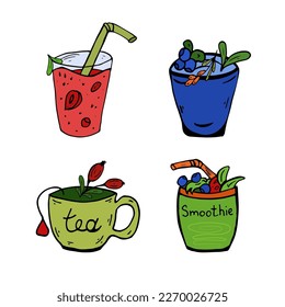 Set healthy drinks. Smoothie, juice, herb tea, compote, fruit drink, jelly. Vector illustration. Objects for icon, illustration, cover, postcards, print, kids game, poster, printing, t shirt design.