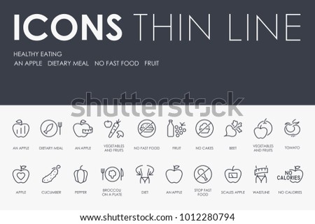 Set of HEALTHY EATING Thin Line Vector Icons and Pictograms
