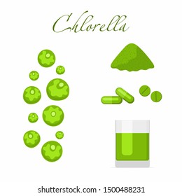 Set for healthy eating-Chlorella algae in tablets, capsules, powder, in a glass. Vector illustration