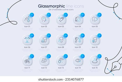 Set of Healthy face, High thermometer and Intestine line icons for web app. Face id, Porridge, Medical drugs icons. Bicycle lockers, Dumbbells workout, Farsightedness signs. Use gloves. Vector