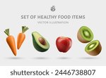 A Set of Healthy Food 3D Vector Props: Carrot, Avocado, Apple, Kiwi