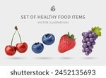 A Set of Healthy Food 3D Vector Items: Cherry, Blueberry, Strawberry, Grapes