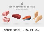 A Set of Healthy Food 3D Vector Items: Pork, Beef, Fish, Chicken