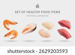 A Set of Healthy Food 3D Vector Items: Shrimp, Sea Bass Fillet, Beef Tenderloin, Chicken Breast