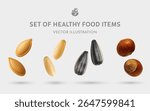 A Set of Healthy Food 3D Vector Items: Pumpkin Seed, Pine Nut, Sunflower Seed, Hazelnuts