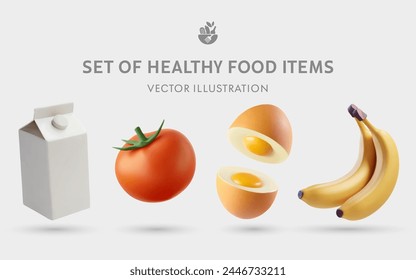 A Set of Healthy Food 3D Vector Items: Milk, Tomato, Egg, Banana