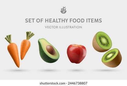 A Set of Healthy Food 3D Vector Props: Carrot, Avocado, Apple, Kiwi