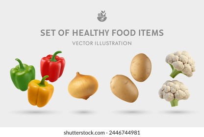 A Set of Healthy Food 3D Vector Items: Pepper, Onion, Potato, Cauliflower