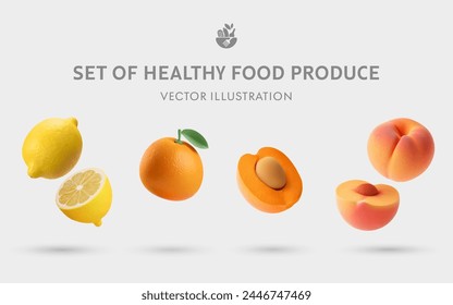 A Set of Healthy Food 3D Vector Items: Lemon, Orange, Apricot, Peach