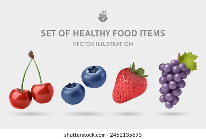 A Set of Healthy Food 3D Vector Items: Cherry, Blueberry, Strawberry, Grapes