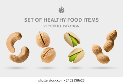 A Set of Healthy Food 3D Vector Items: Cashew, Walnut, Pistachio, Peanut