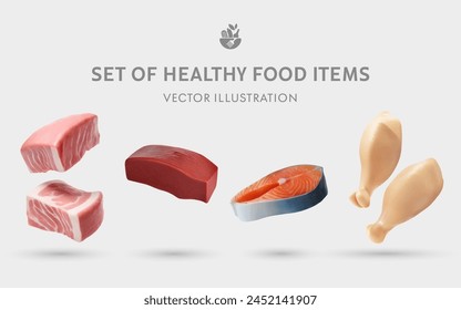 Un conjunto de alimentos saludables 3D artículos de Vector: cerdo, carne de res, pescado, pollo