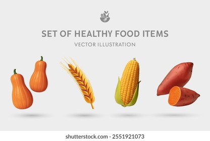 Um conjunto de alimentos saudáveis 3D vetores itens: Butternut Squash, Orelha de Trigo, Milho, batata doce