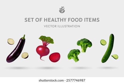 A Set of Healthy Food 3D Vector Items: Eggplant, Beetroot, Broccoli, Cucumber