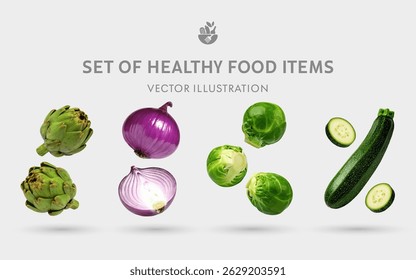 Um conjunto de alimentos saudáveis 3D vetor itens: Alcachofra, cebola, Bruxelas broto, abobrinha