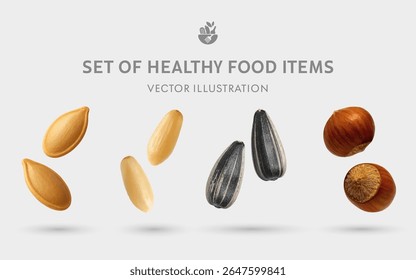 A Set of Healthy Food 3D Vector Items: Pumpkin Seed, Pine Nut, Sunflower Seed, Hazelnuts