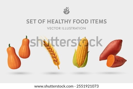A Set of Healthy Food 3D Vector Items: Butternut Squash, Wheat Ear, Corn, Sweet Potato