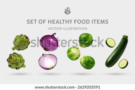 A Set of Healthy Food 3D Vector Items: Globe Artichoke, Onion, Brussels Sprout, Zucchini