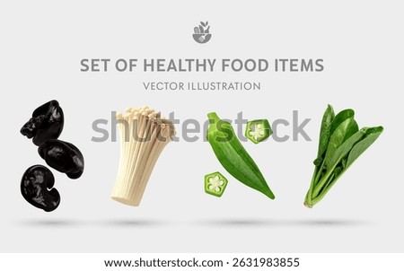 A Set of Healthy Food 3D Vector Items: Black Fungus, Enokitake, Okra, Spinach