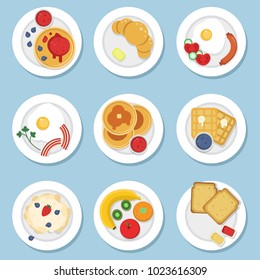 Set of healthy food for breakfast. Vector set of morning food on plate lunch and fresh nutrition illustration