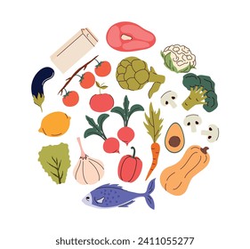 Conjunto de alimentos sanos en círculo. Estilo plano. Dieta de una dieta equilibrada y adecuada. Pescado, grasas sanas, carne, verduras, frutas, tomates, zanahorias, ajo, aguacate, calabaza, limón, lechuga