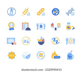 Set of Healthy Food Colorful icons. Stickers Halal, Kosher and non GMO. Gluten, lactose and sugar free. Website design and product ad. Cartoon flat vector collection isolated on white background