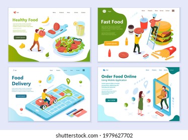 Set of Healthy Food and Food Delivery concepts, 3d isometric design vector illustration, for graphic and web design