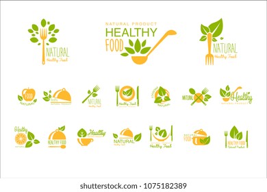 Set of healthy food and drinks logos. Natural product. Vegetarian nutrition. Vector emblems for cafe, restaurant or farm market