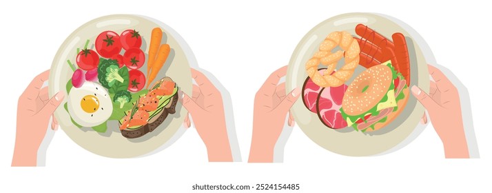 Conjunto de platos de comida sana y comida rápida en estilo de dibujos animados. Ilustración vectorial de alimentos: tomates, zanahorias, brócoli, rábanos, espinacas, huevos, tostadas con aguacate y salmón, bagel, salchichas, jamón, pretzel.