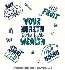 A set of healthy food, fitness, sugar free and detox motivational lettering design. Inscription for t-shirts, posters and prints