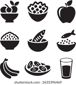 Set of healthy food icon silhouette on white background.	