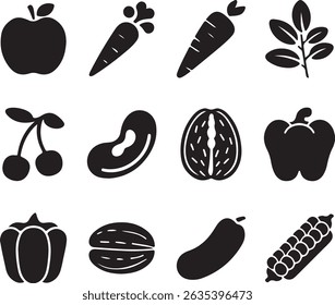 Set of healthy food icon silhouette on white background.	