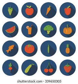 set healthy food. Set icons berries, fruits, vegetables, juice and fish in flat design with a long shadow. Vector illustration