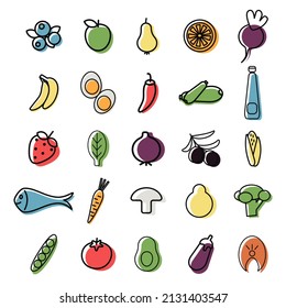 a set of healthy food icons, fruits and vegetables for a healthy lifestyle