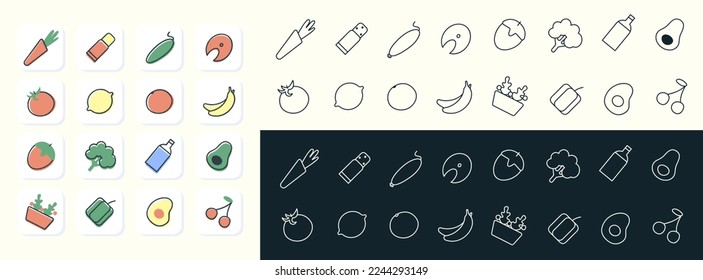 set of healthy food icons.Vegetables,water,fish,fruits and berries,muesli.logo,print.Pencil,black and white color.Vector