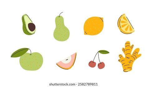 Set of healthy food. Illustration of apple, ginger, cherry, avocado and lemon. 