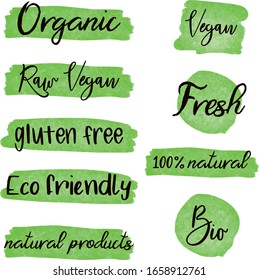 Set of healthy food labels on watercolor stroke background