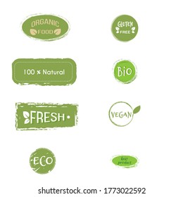 Set healthy food labels. Organic tags. Bio product, vegan, 100 Natural, fresh, eco, gluten free design elements. Isolated on white background. Vector illustration.